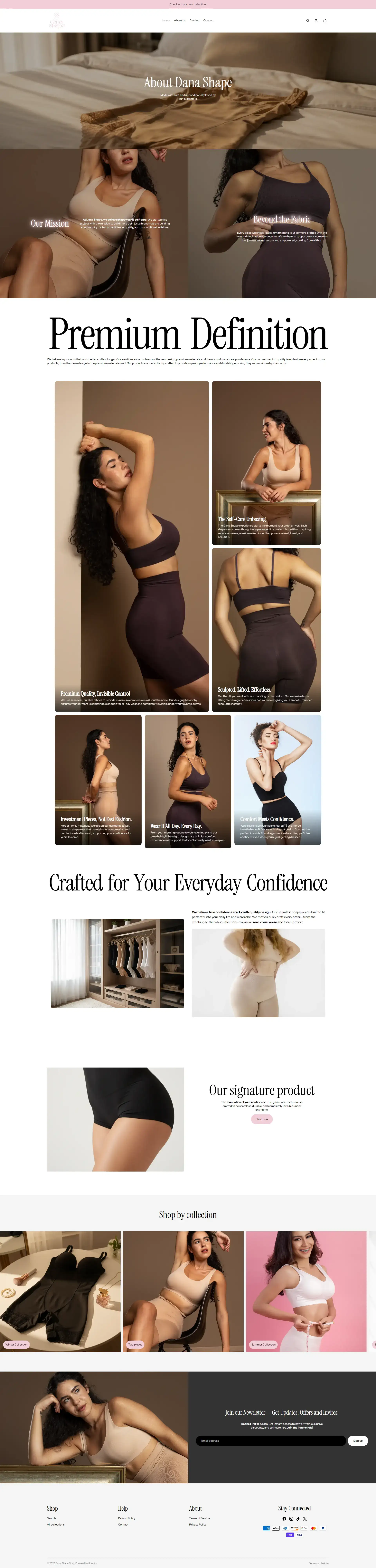 About page for the shapewear brand, with editorial typography and brand storytelling.