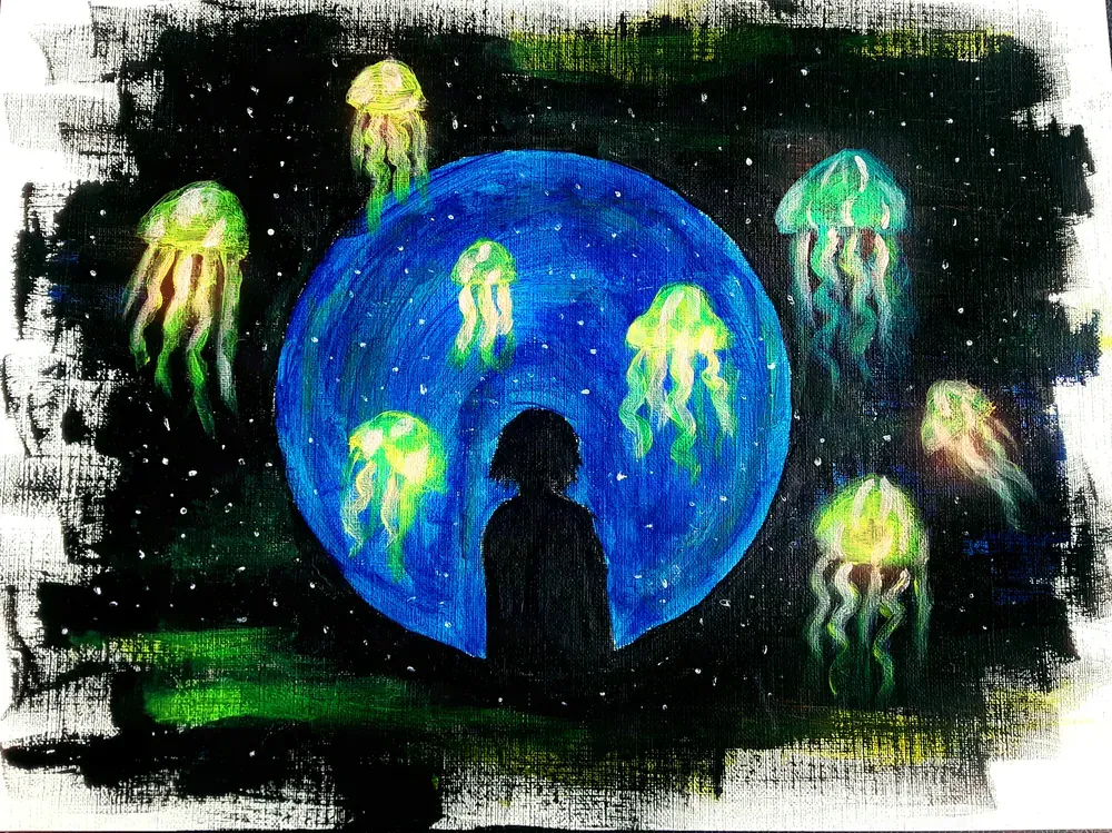 Pintura acrílica sobre lienzo de una figura sentada en contraluz frente a una luna azul, rodeada de medusas verdes luminosas