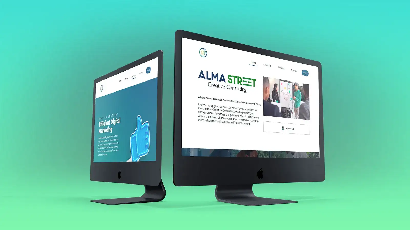 Responsive web design for Alma Street Creative Consulting shown on two iMac screens, with digital marketing services and a turquoise brand palette.