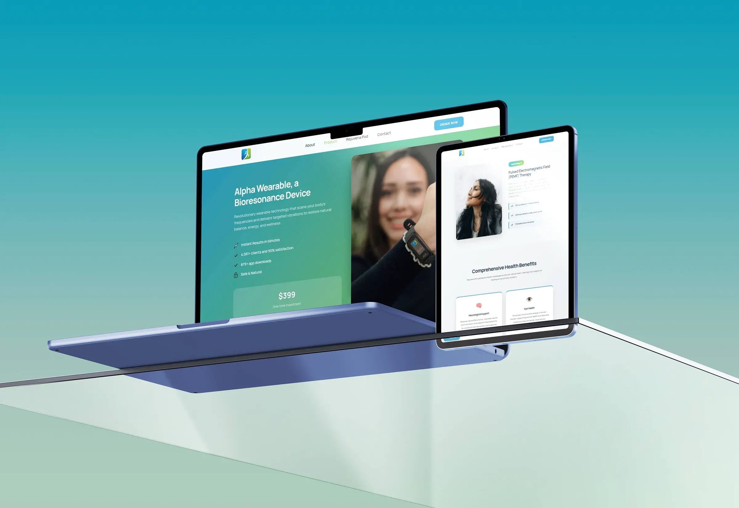 Responsive wellness platform interface across laptop and tablet, demonstrating fluid design and consistent branding for bioresonance products