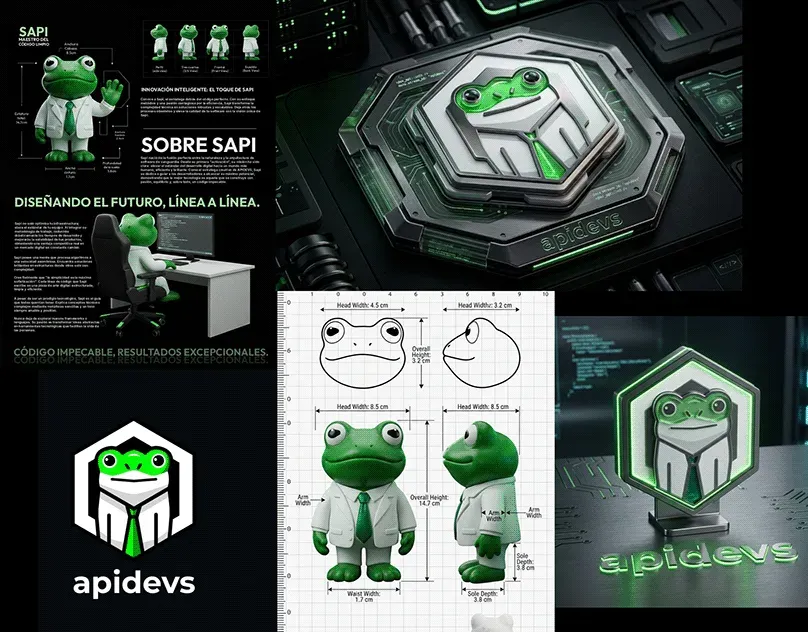 Logo de Apidevs y diseño de mascota de marca en 3D para una plataforma de desarrollo