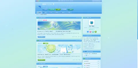 Free Aqua Frutiger Aero Y2K blog template with blue-green glassmorphism and floating bubbles