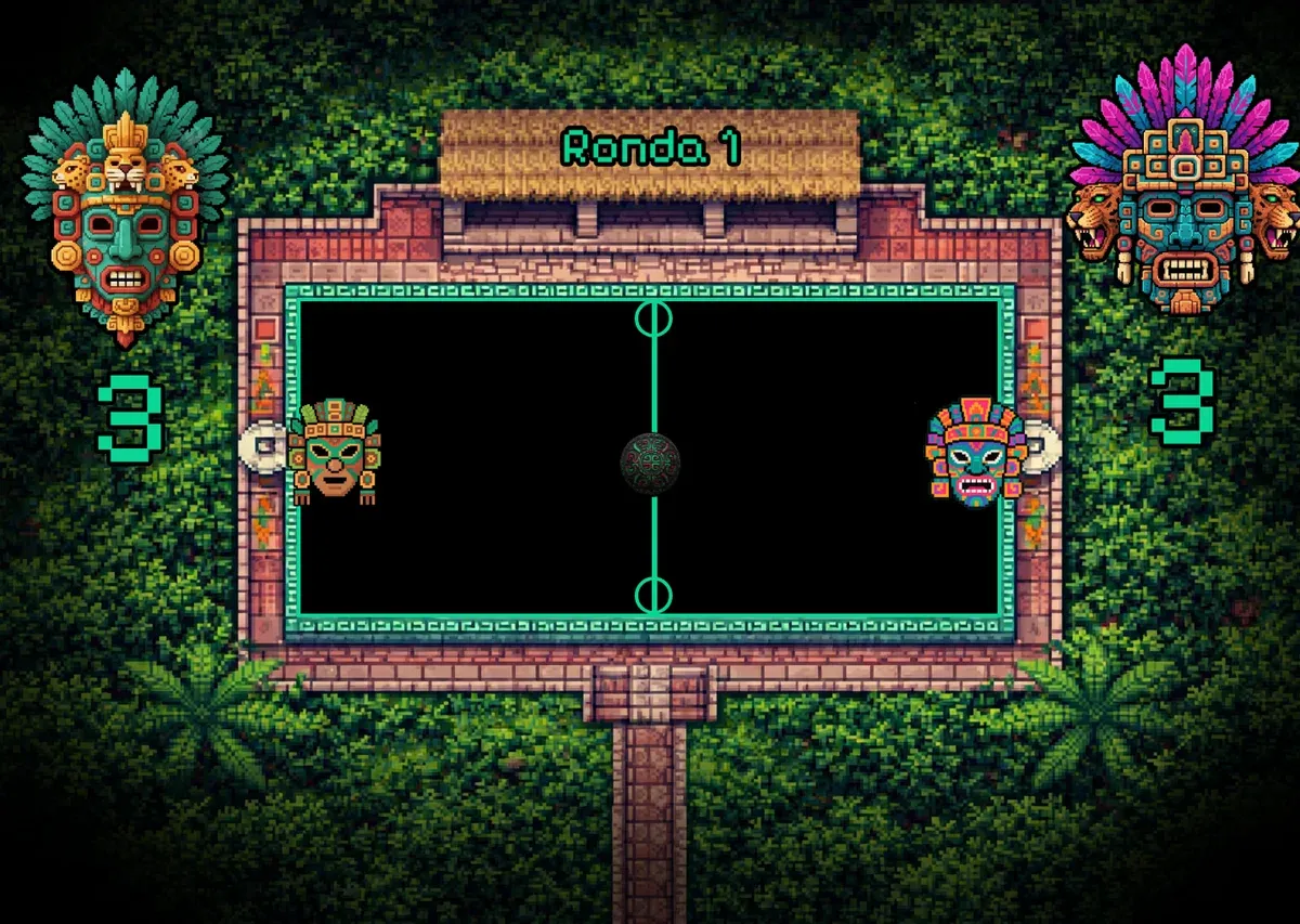 Arena de juego de Balam Ball: un juego de pelota mesoamericano en la selva con máscaras de jugador, marcadores y el cartel de ronda