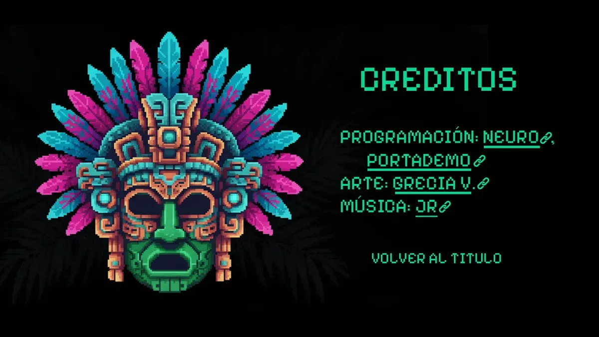 Pantalla de créditos de Balam Ball con una máscara de jaguar en pixel art acreditando programación, arte y música