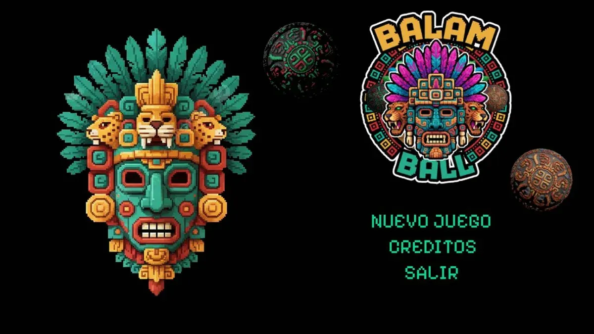 Pantalla de título de Balam Ball con el logo del juego en pixel art, máscaras de deidades jaguar y el menú principal