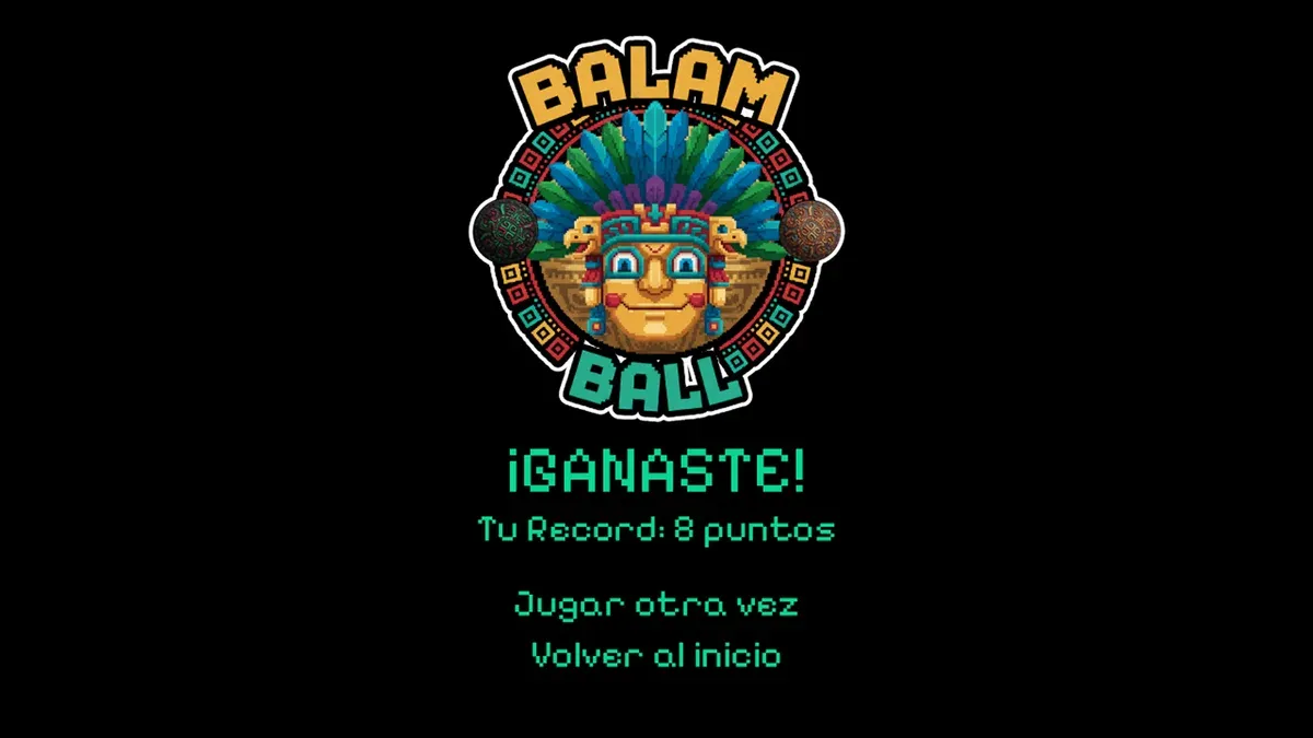 Pantalla de victoria de Balam Ball mostrando el logo del juego, el récord del jugador y las opciones para volver a jugar