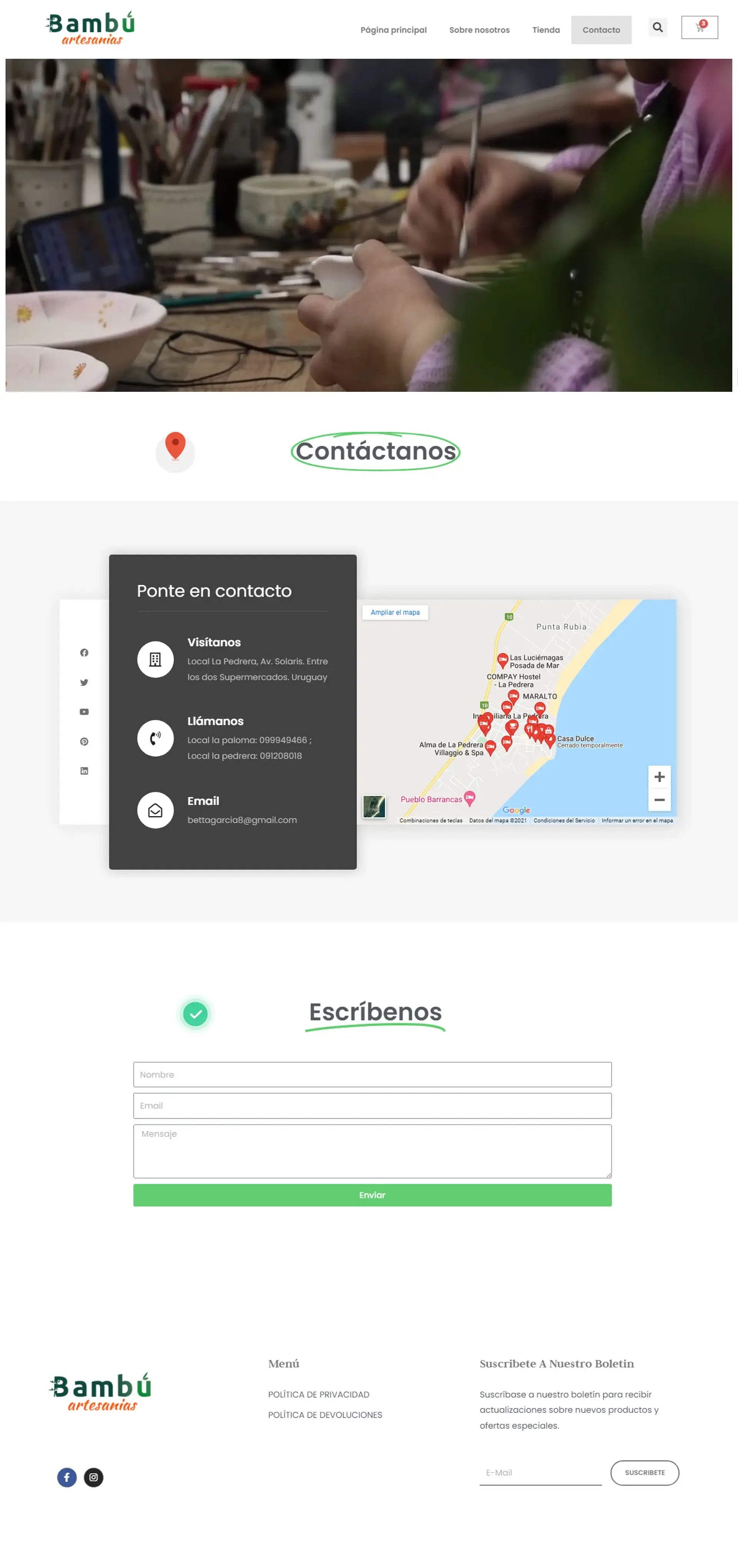 Contact page for Bambú Artesanías, optimized for lead generation and customer inquiries.