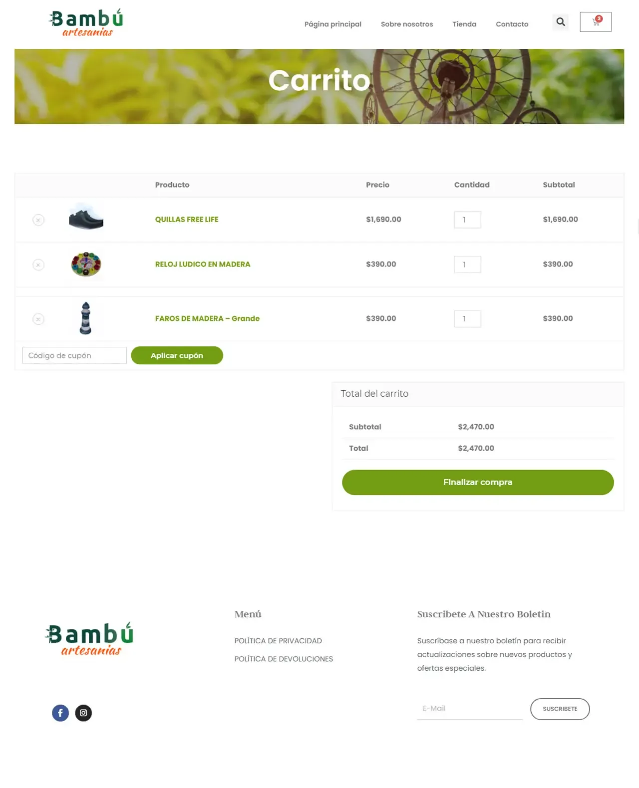 Minimalist e-commerce cart interface for Bambú Artesanías, featuring a clean layout, product summary, and clear call-to-action for artisan entrepreneurs.