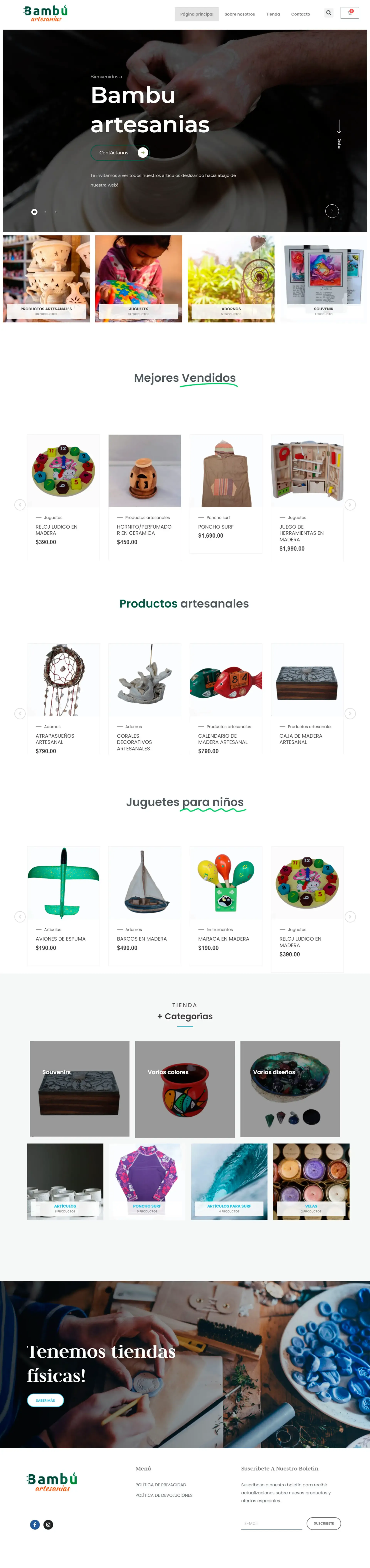 Bambú Artesanías home page featuring a sustainable and organic UI design for handmade products.