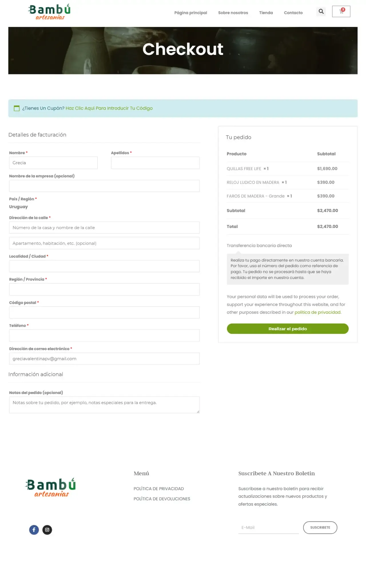 Streamlined secure checkout page for Bambú Artesanías, showcasing multi-step payment gateway integration and high-conversion UX for sustainable startups.