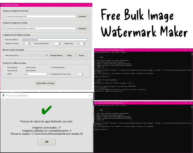 BWM free bulk image watermark maker: the desktop app settings, a process completed dialog and the command line version