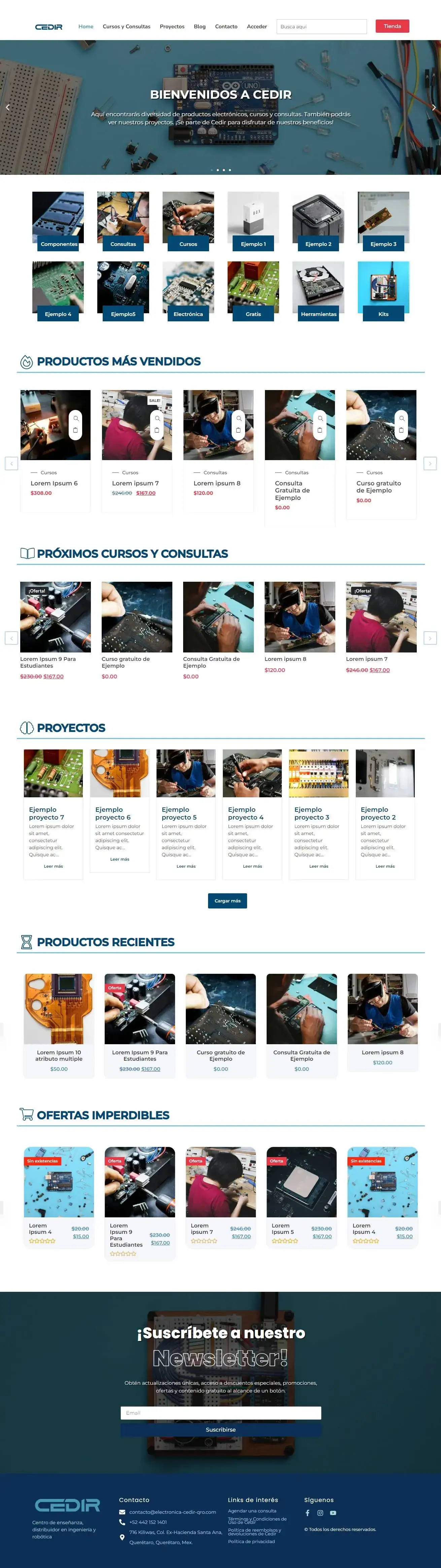 Cedir home page layout with a central menu covering the store, blog and professional services.