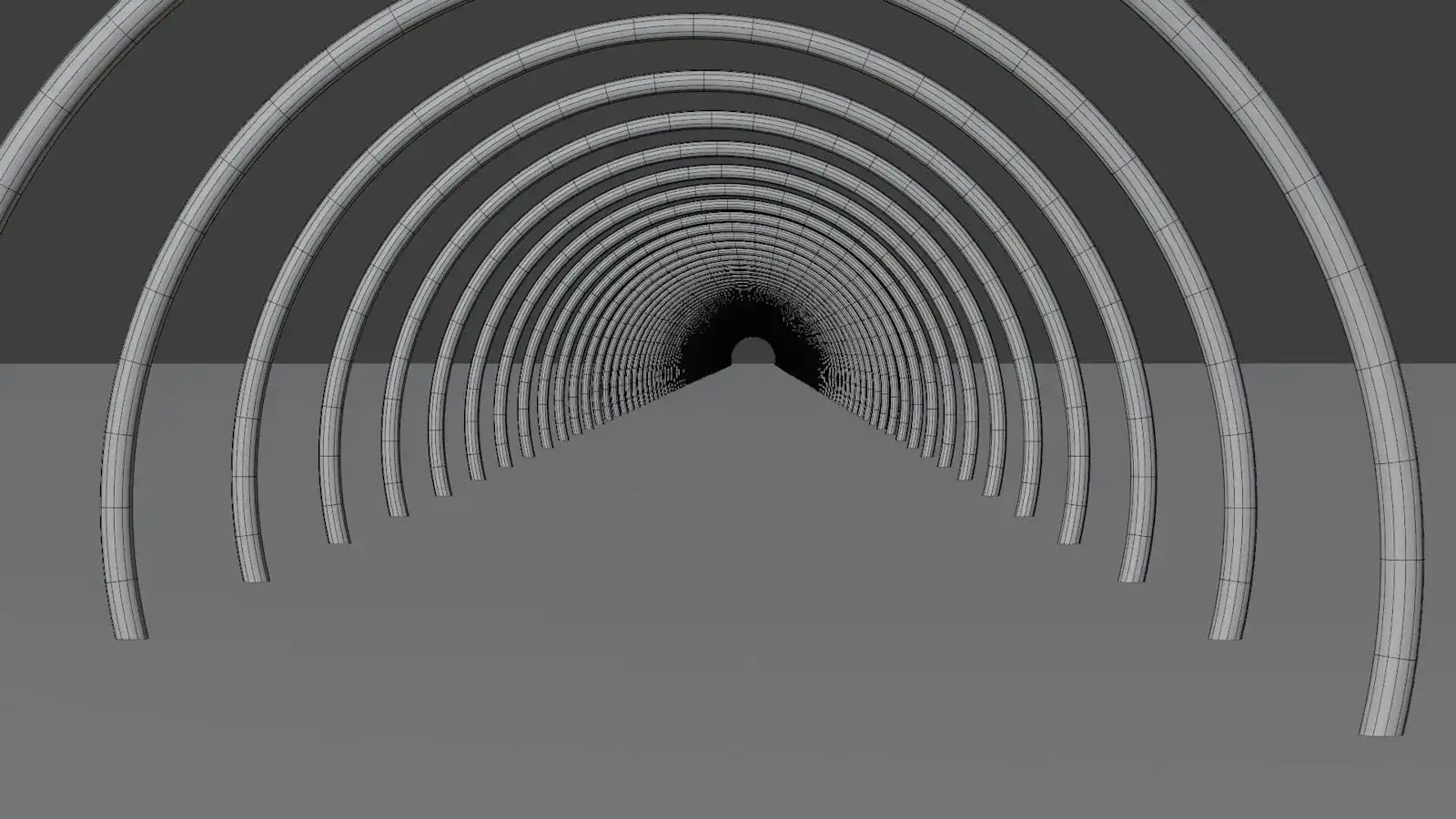 Shiny circular neon tunnel 3D model with glowing rings, view 3