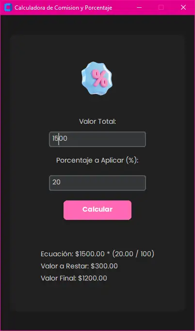 Commission and percentage calculator desktop app calculating 20% of 1500 and showing the amount to subtract and the final value