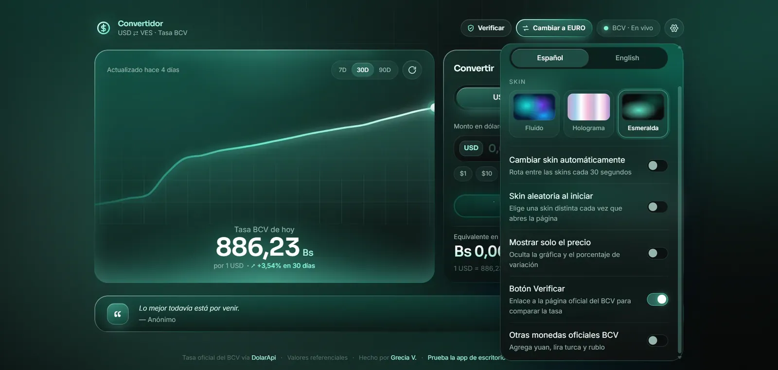 Settings panel of the BCV Converter with Spanish and English, three skins (Fluido, Holograma, Esmeralda) and options for auto skin, random skin, price only view and the Verify button