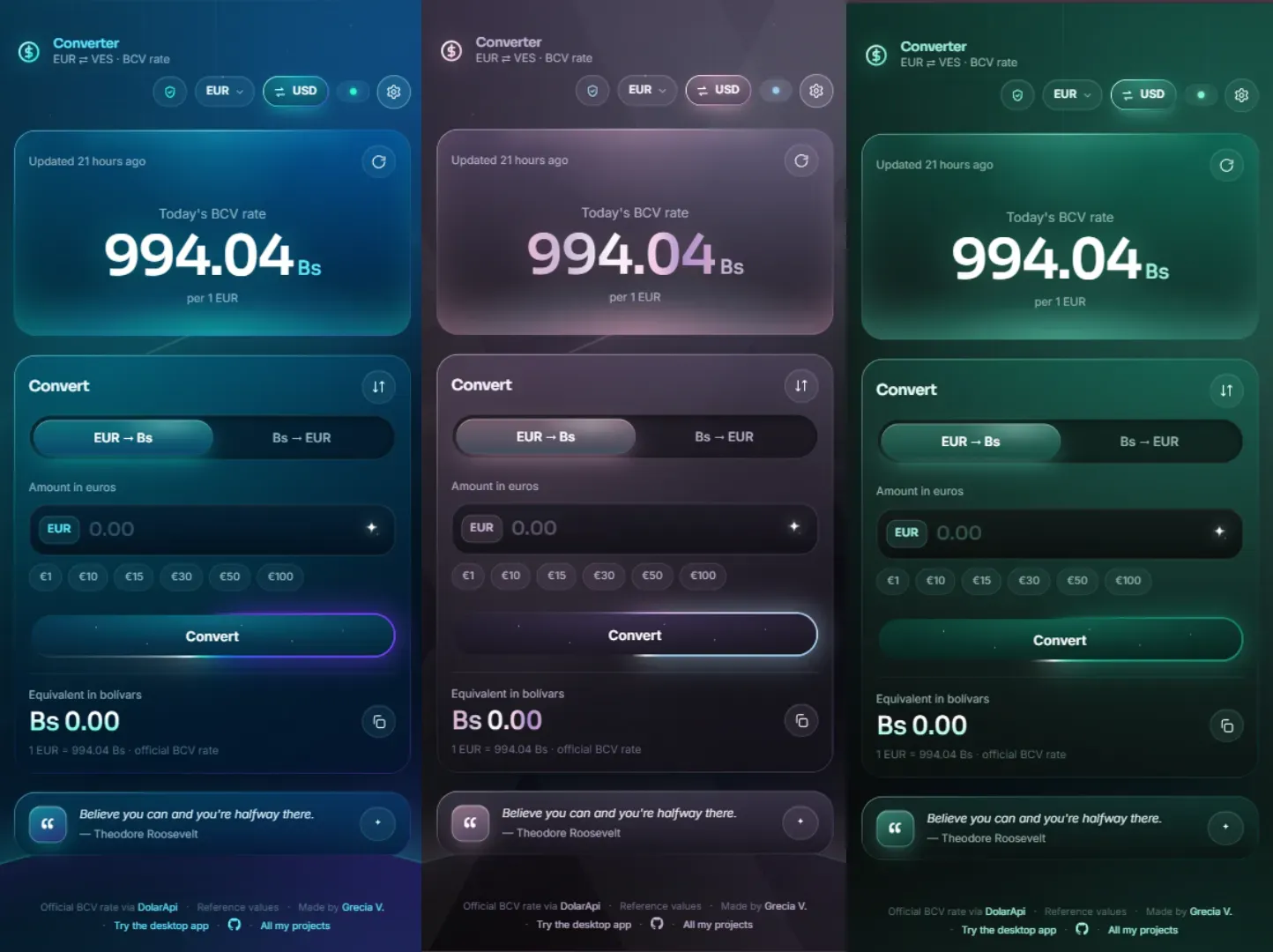 Euro to bolívar converter at the official BCV rate of 994.04 Bs per euro, shown side by side in the three skins: Fluido (blue), Holograma (purple) and Esmeralda (green)