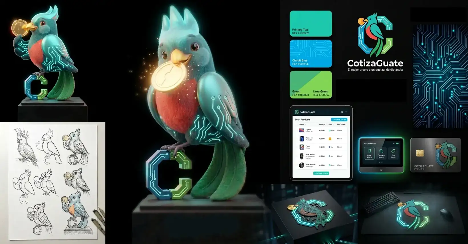 CotizaGuate brand board bringing together the quetzal monogram, colour palette, 3D mascot and product mockups.