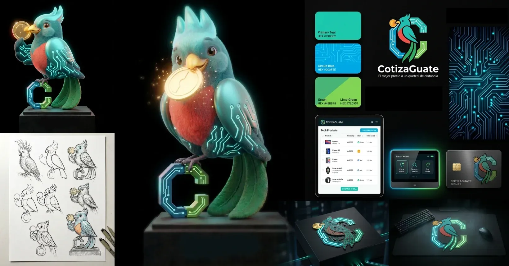 Tablero de marca de CotizaGuate que reúne el monograma del quetzal, la paleta de color, la mascota 3D y los mockups de producto.