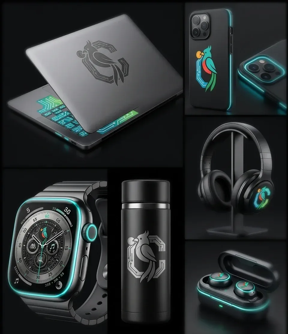Mockups de merchandising aplicando la identidad de CotizaGuate a la tapa de un portátil, una funda de teléfono, la esfera de un reloj, un termo, unos audífonos y unos auriculares.