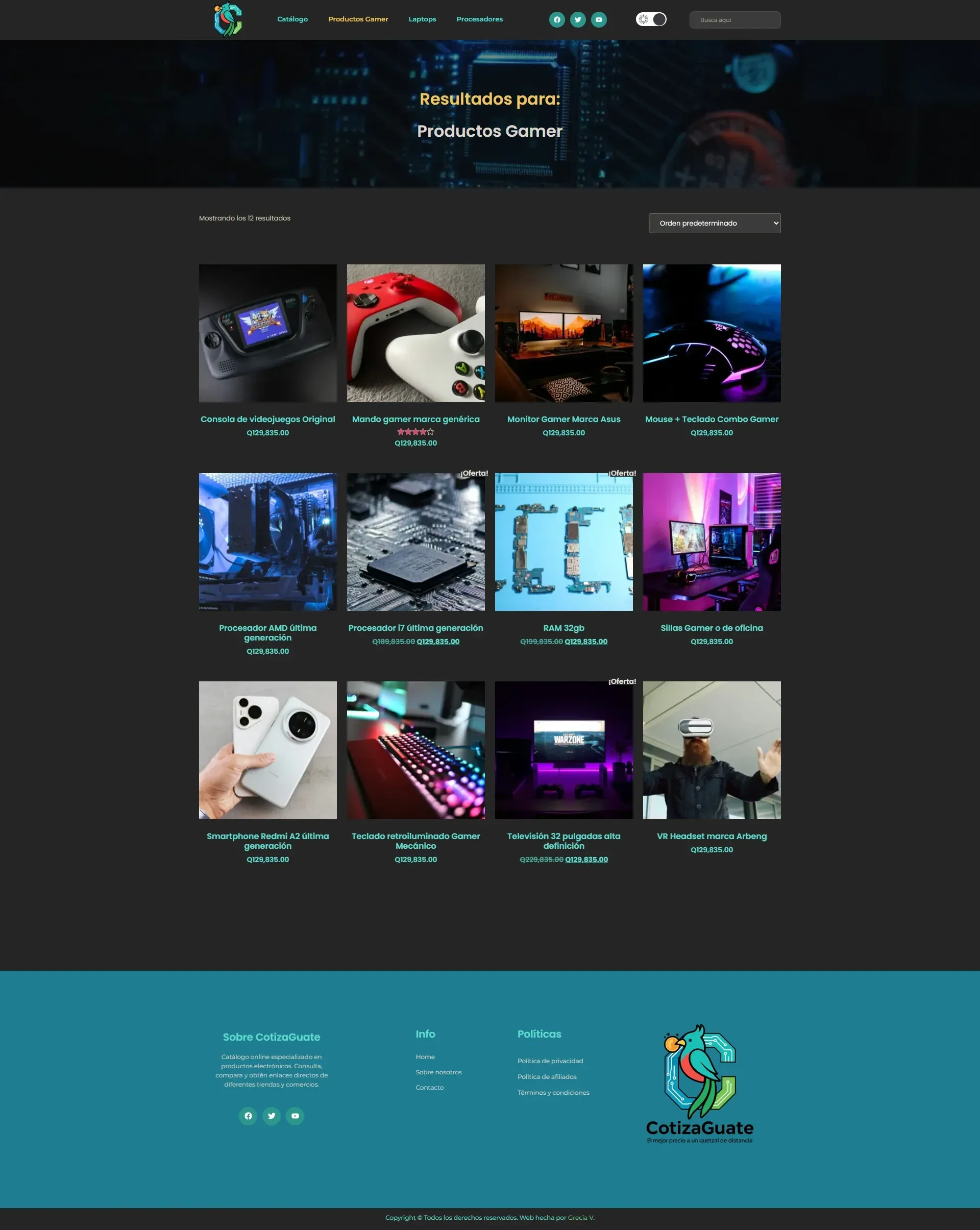 Página de resultados por categoría de CotizaGuate para hardware gamer, con la rejilla de doce productos y los distintivos de oferta.
