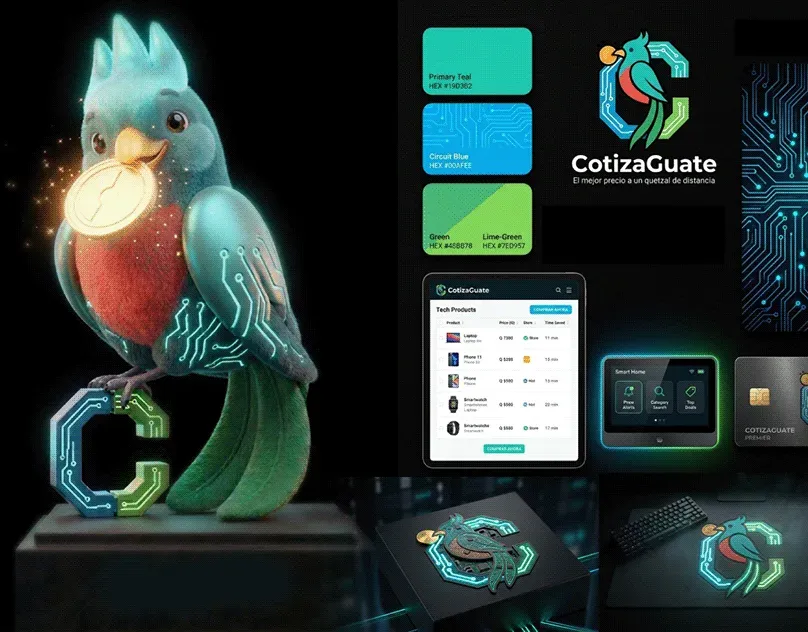 Diseño de logo de CotizaGuate y personaje mascota de marca en 3D con forma de quetzal