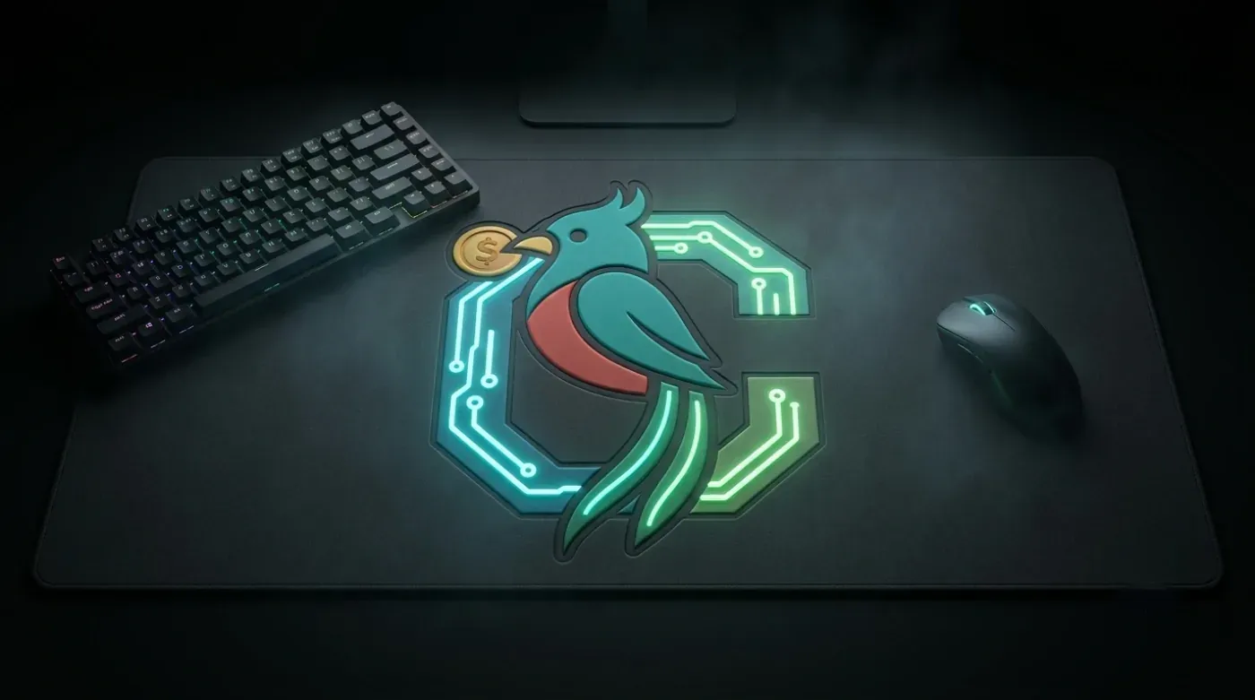 Mockup de alfombrilla con el monograma iluminado de CotizaGuate entre un teclado mecánico y un ratón.