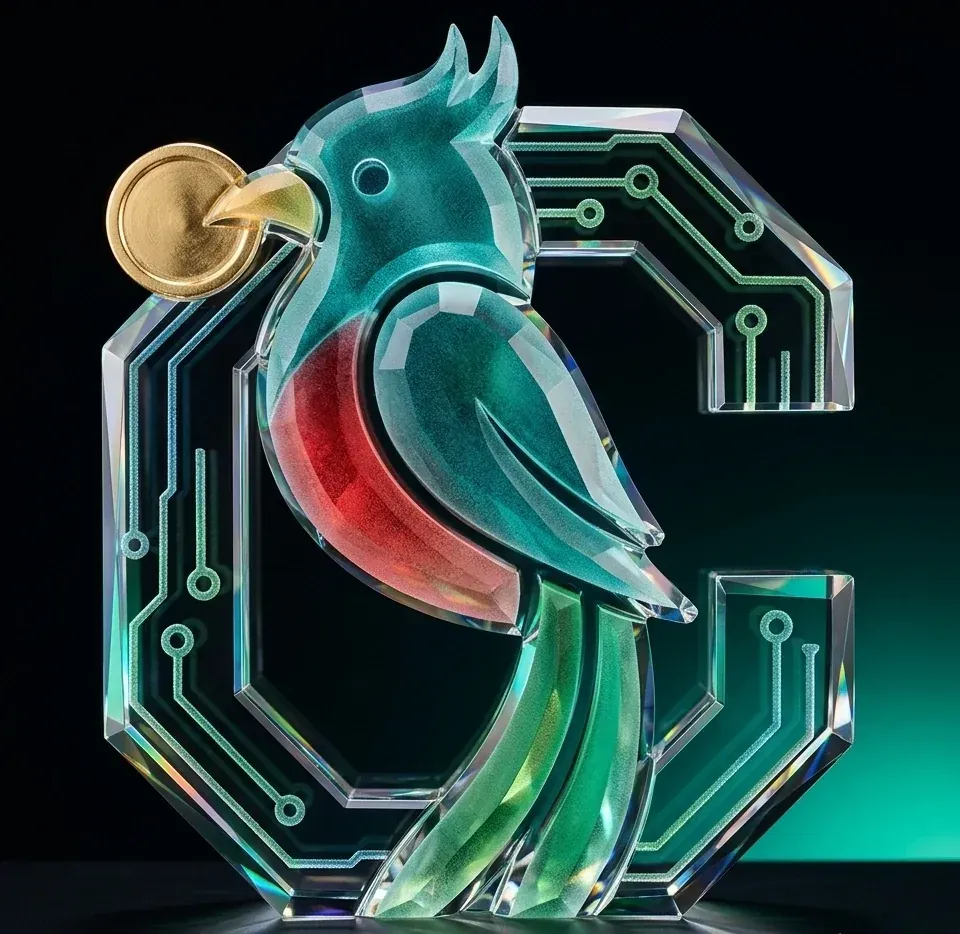 Render en vidrio tallado del monograma de CotizaGuate, mostrando cómo la marca conserva su silueta al convertirse en objeto tridimensional.