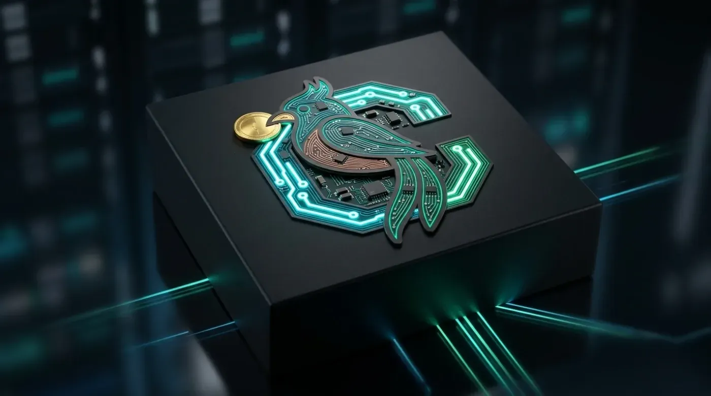 Mockup de packaging con el monograma de CotizaGuate como incrustación de circuito iluminada sobre una caja negra mate.