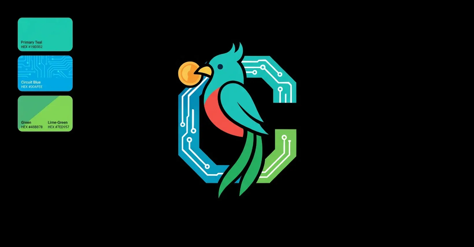 El monograma de CotizaGuate sobre fondo negro junto a sus tres muestras de color: teal principal, azul circuito y verde lima.