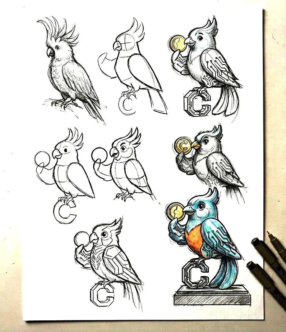 Hoja de conceptos a lápiz y tinta explorando la mascota de CotizaGuate, desde estudios realistas del ave hasta la versión estilizada posada sobre la letra C.