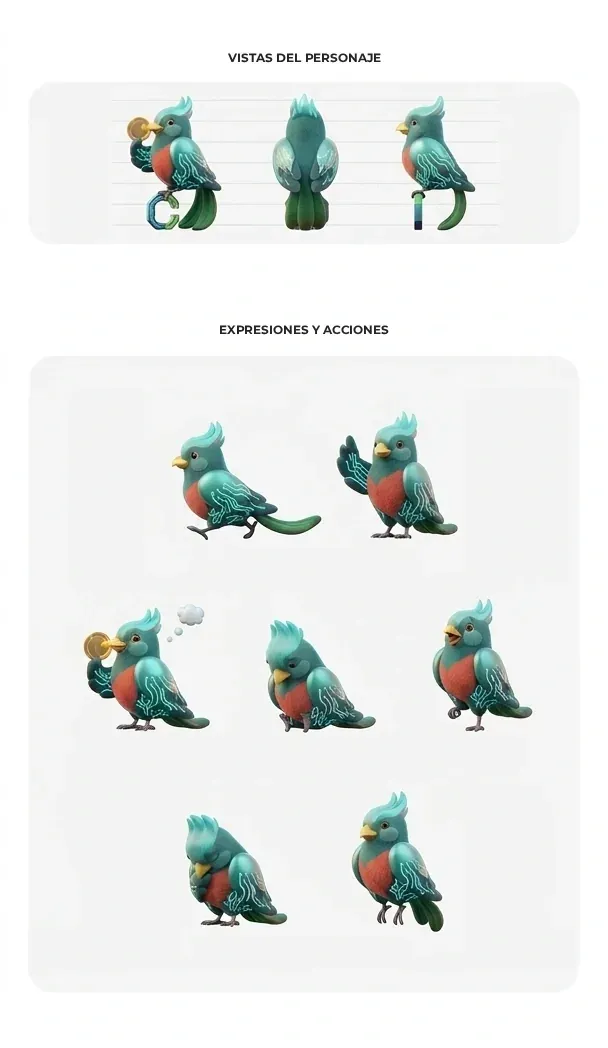 Turnaround de Quetzo con vistas frontal, trasera y lateral, más ocho poses que cubren caminar, pensar, presentar y reposo.