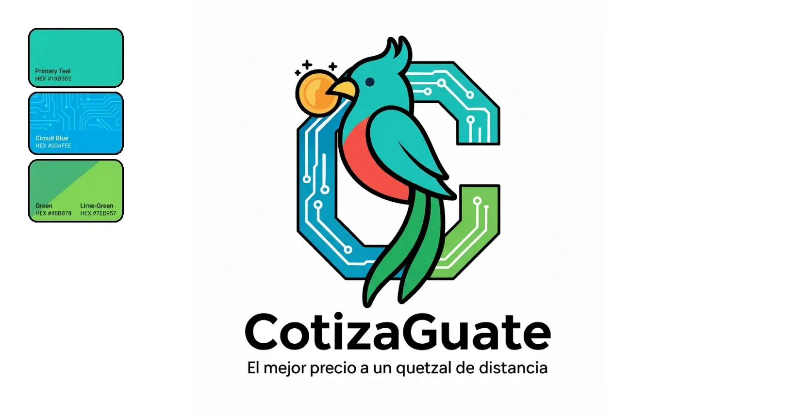 Lockup del logo de CotizaGuate: quetzal integrado en una letra C trazada como circuito, con el wordmark y el eslogan debajo y la paleta de tres colores a la izquierda.