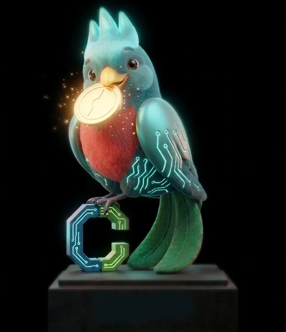 Render 3D final de Quetzo, la mascota de CotizaGuate, posado sobre el monograma iluminado y con una moneda dorada en el pico.