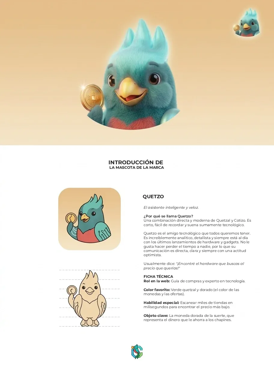 Ficha de personaje de Quetzo con el nombre de la mascota, su descripción de personalidad y su perfil técnico, ilustrada con el render 3D y una versión plana en icono.