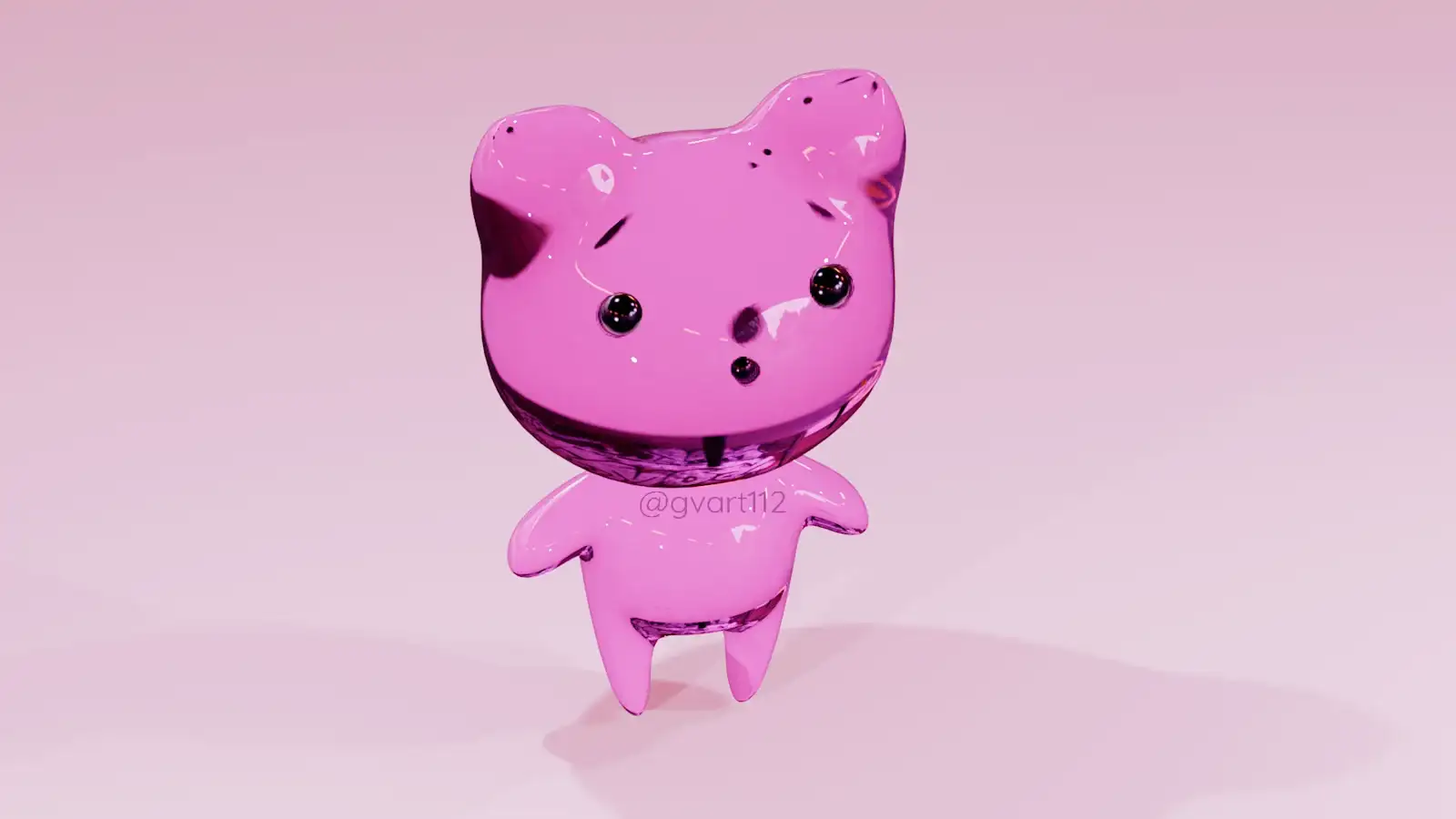 Pink crystal baby bear 3D model with fluid animation inside, view 2