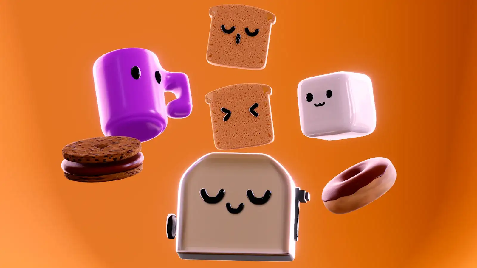 Collection of seven cute stylized breakfast 3D props including a toaster and a donut, view 2