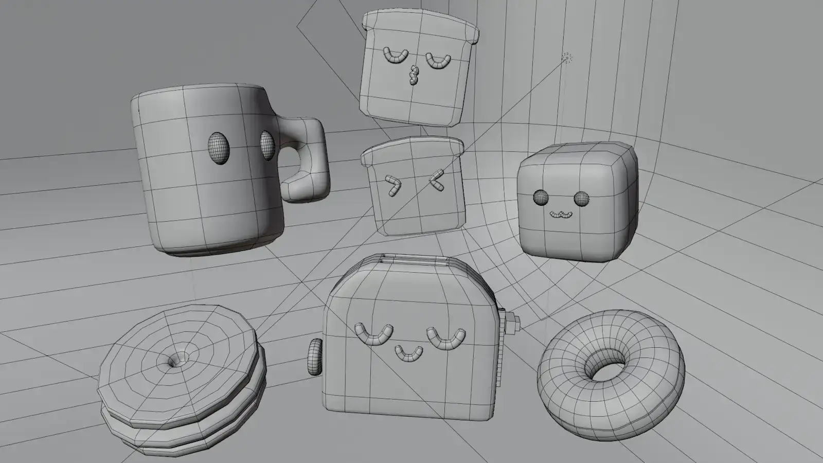 Collection of seven cute stylized breakfast 3D props including a toaster and a donut, view 3