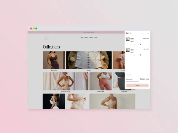 Responsive Shopify e-commerce website design for shapewear brand, modern multi-device UI on laptop and tablet, feminine branding and conversion-optimized user experience