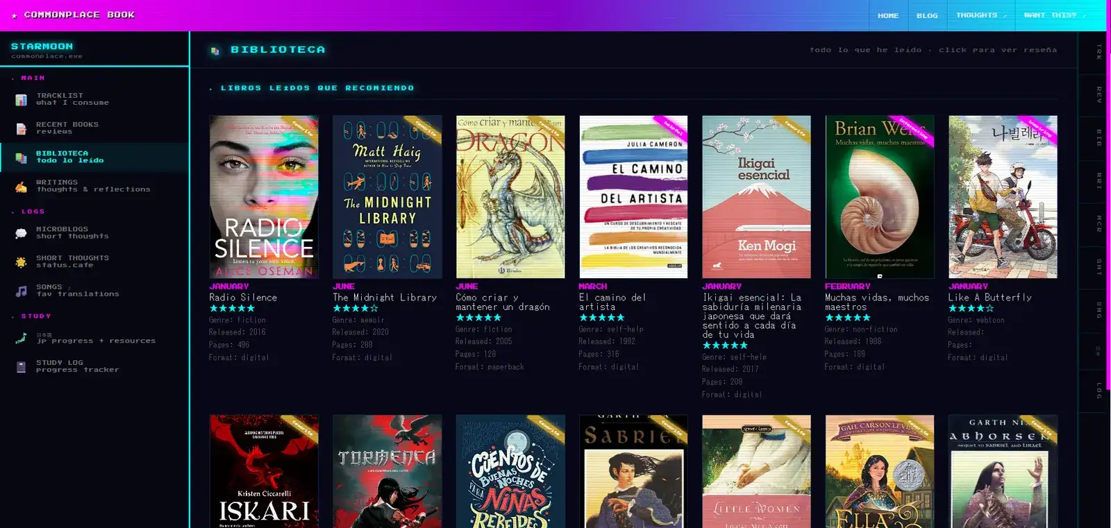 Digital commonplace book library in a retro vaporwave interface, with a grid of read book covers, star ratings and page counts