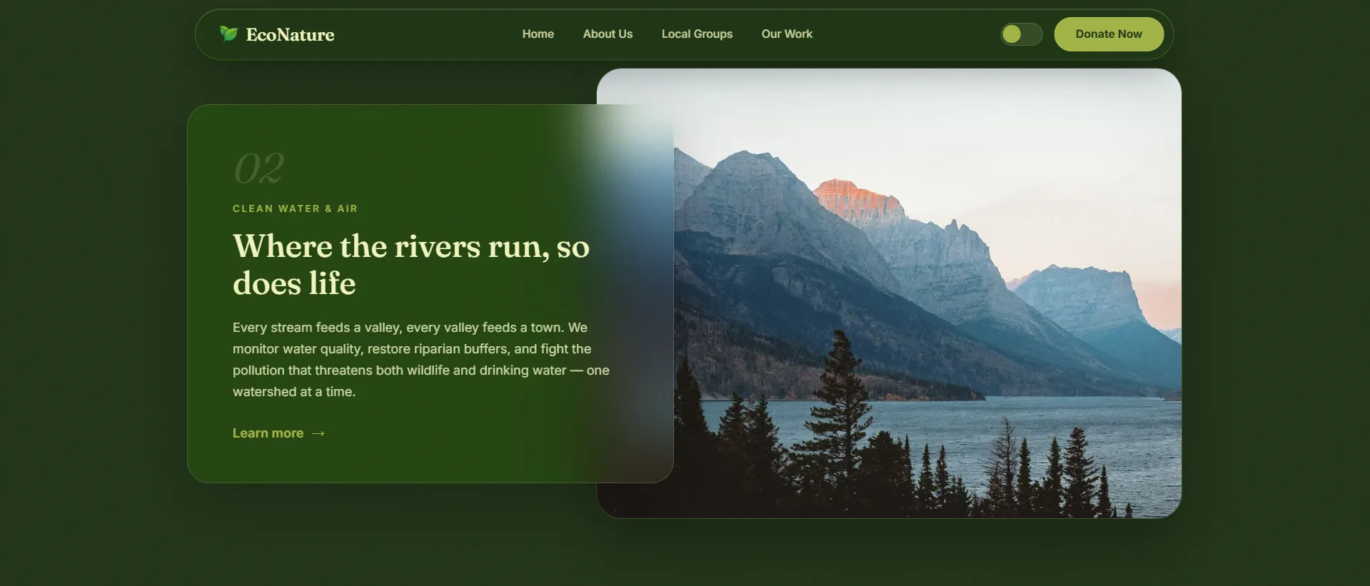 Dark theme glassmorphism card for the Clean Water and Air program with mountain lake photo.