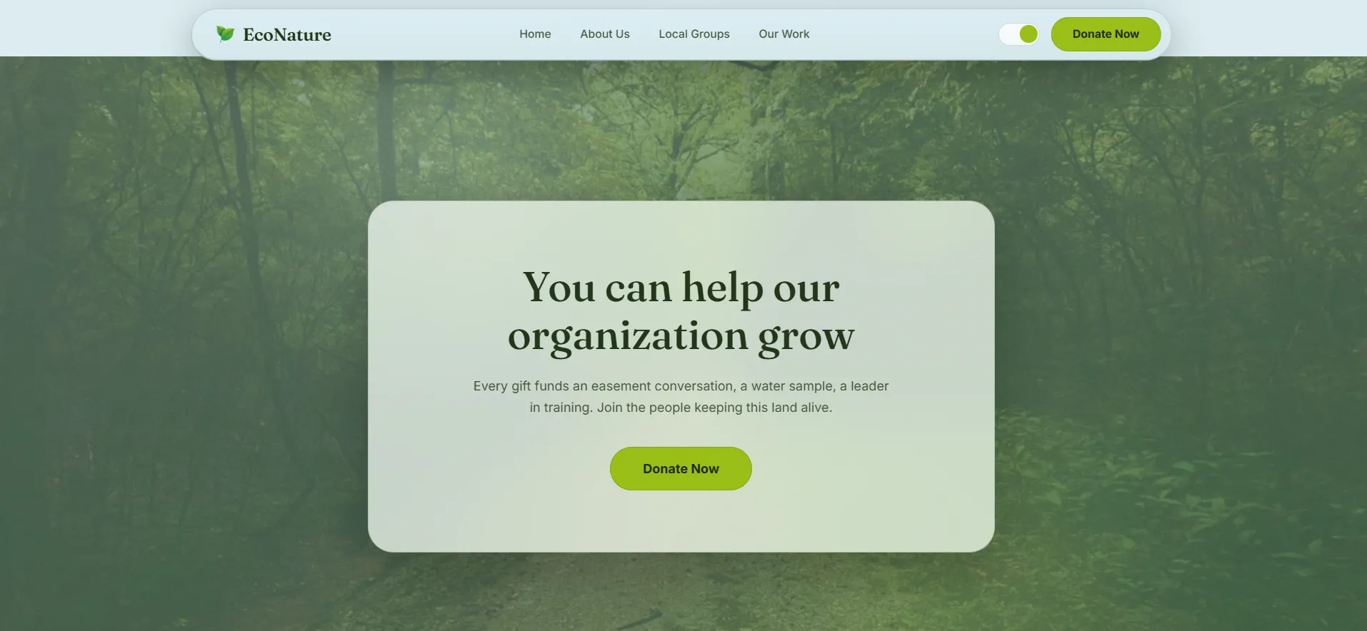 Dark mode donation call-to-action glass panel over a forest background.