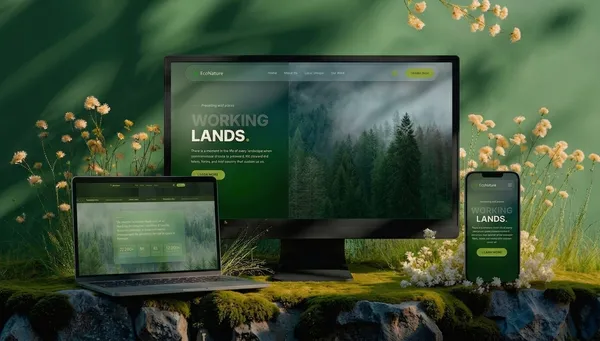 EcoNature glassmorphism website redesign shown on desktop, laptop, and mobile screens with a foggy forest hero section