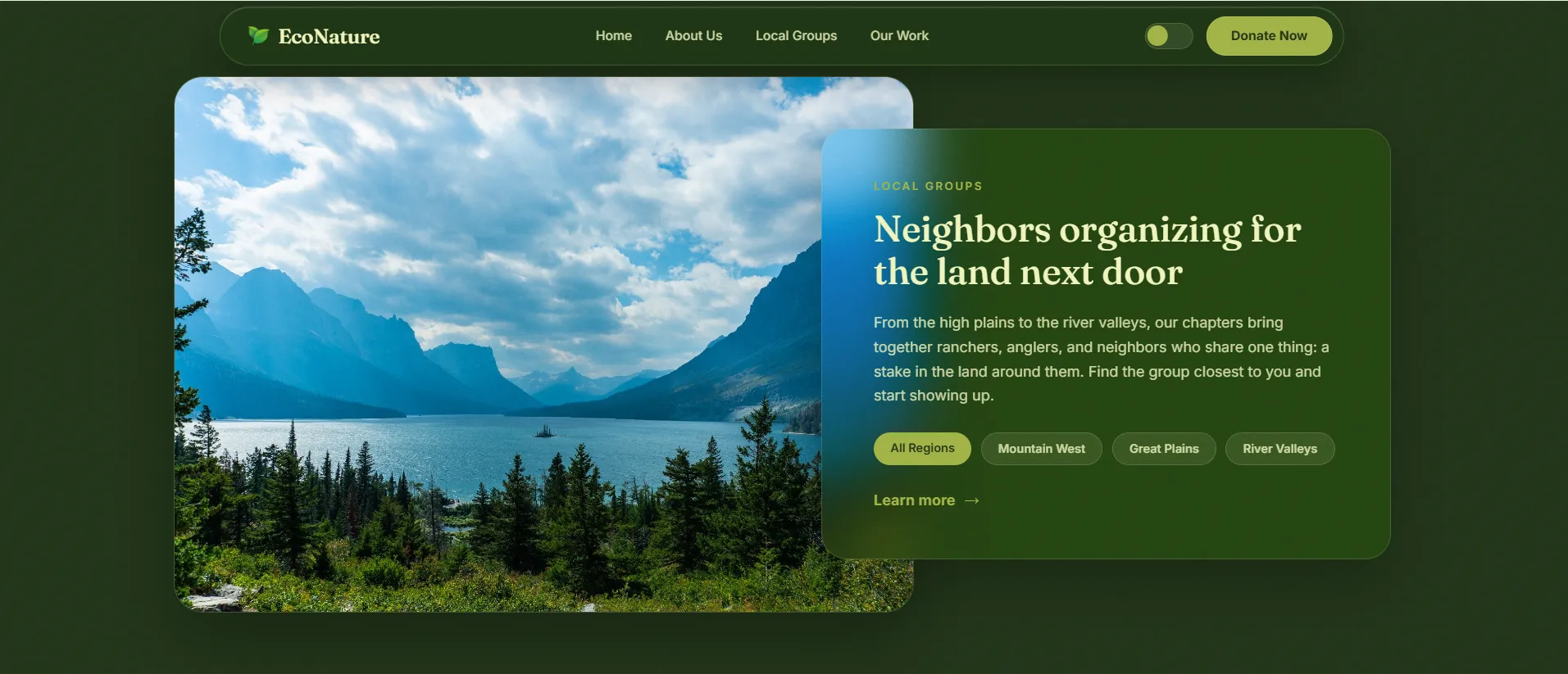 Dark mode donation call-to-action glass panel over a forest background.