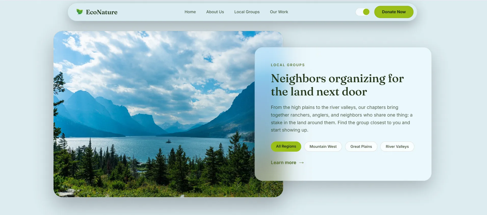 Local Groups section with frosted glass card and region filter buttons in light theme