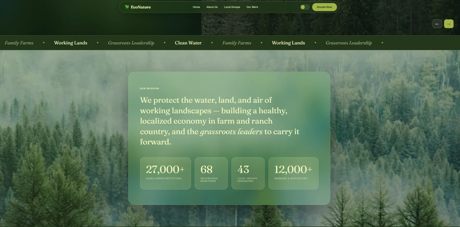 Mission statement section with scrolling marquee tags and impact statistics in dark glassmorphism theme.