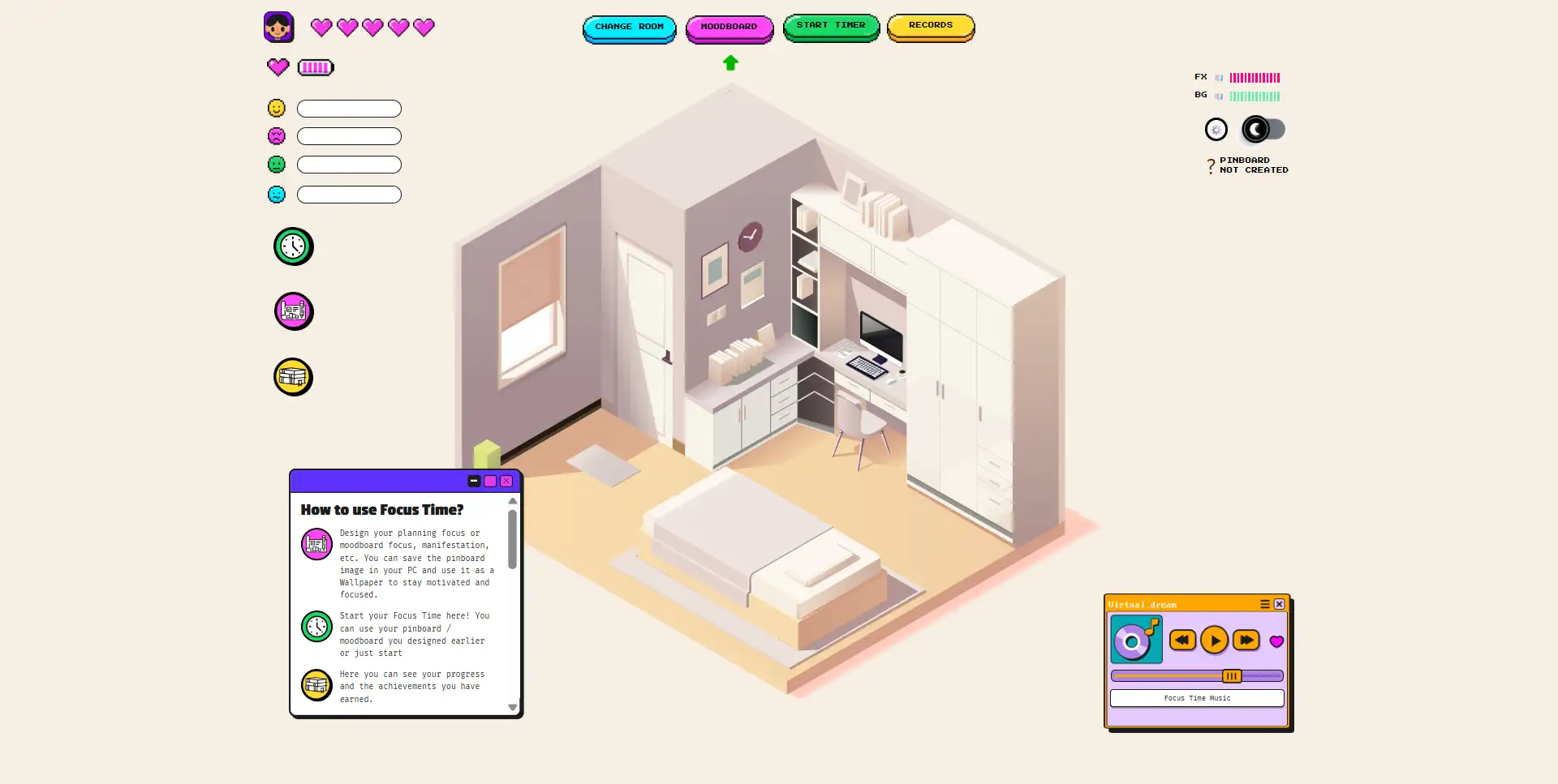 FOCUS TIME welcome window in a pink retro pixel style, the start of a free gamified productivity app for ADHD, view 2