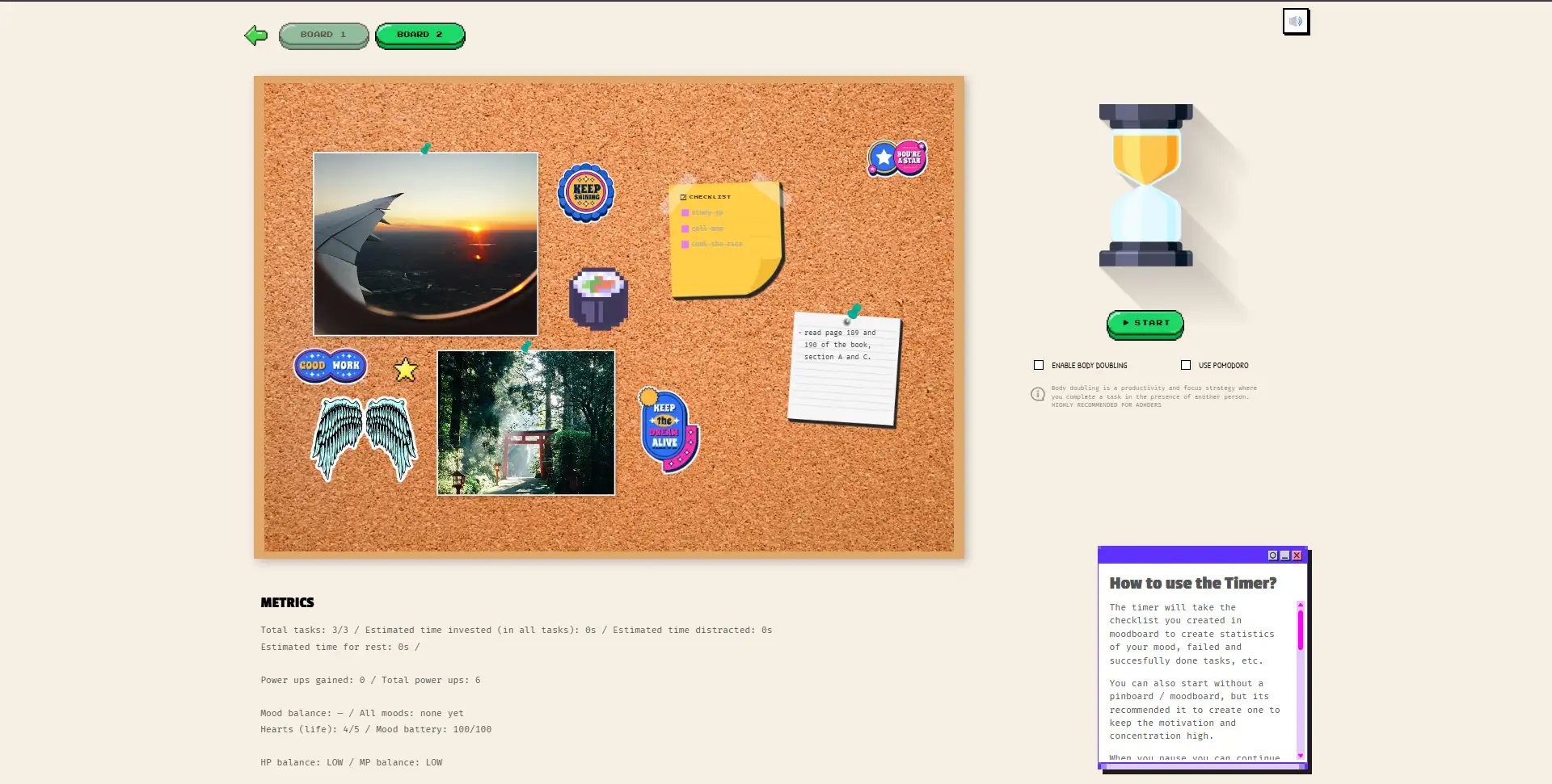 FOCUS TIME welcome window in a pink retro pixel style, the start of a free gamified productivity app for ADHD, view 3