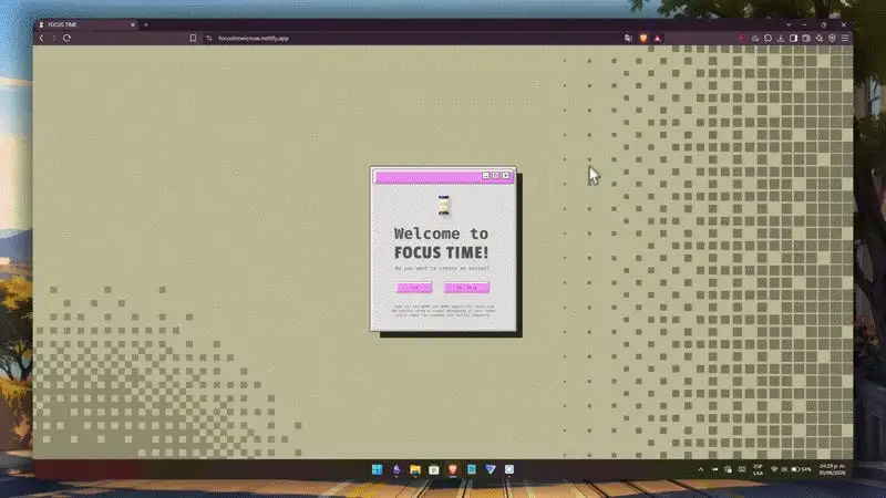 FOCUS TIME welcome window in a pink retro pixel style, the start of a free gamified productivity app for ADHD