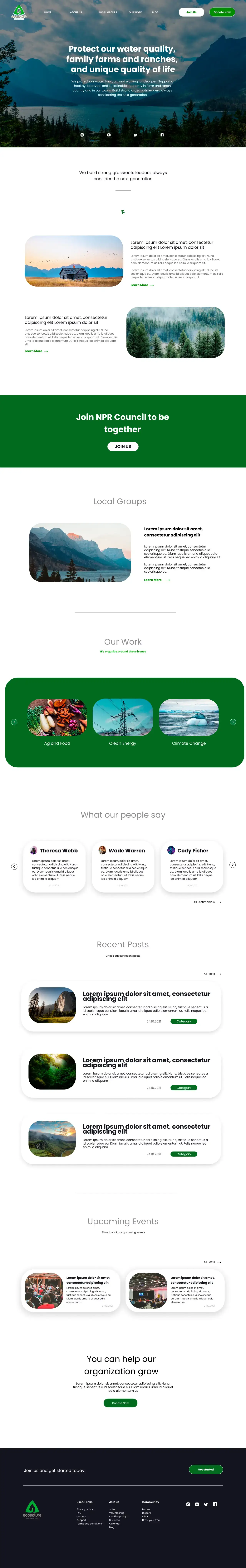 Full-page layout of a green eco-friendly website designed in Figma, with a sustainable energy hero section, rounded modular content cards and a visual hierarchy centred on environmental conservation.