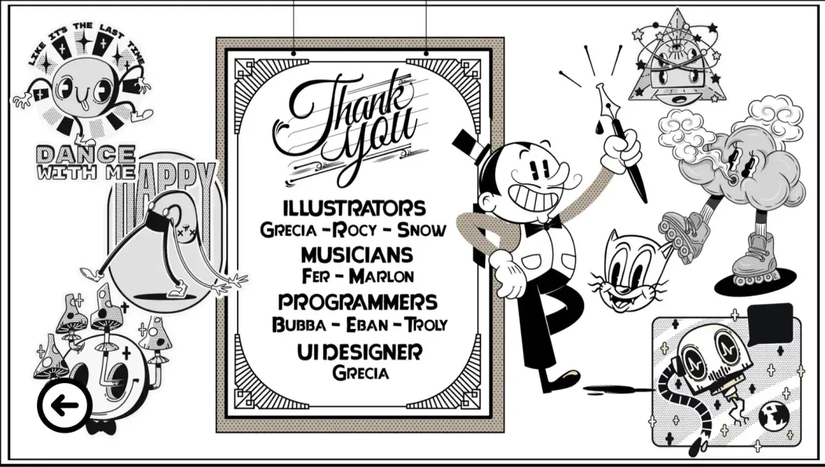 Pantalla de créditos de game jam con ilustraciones de dibujos animados estilo rubber hose acreditando al equipo